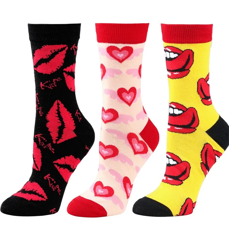 HEZIOWYUN Womens Y2K Valentine's Day Middle Tube Socks Lip Heart Pattern All-over Print Funny Contrast Color Slipper Floor Socks