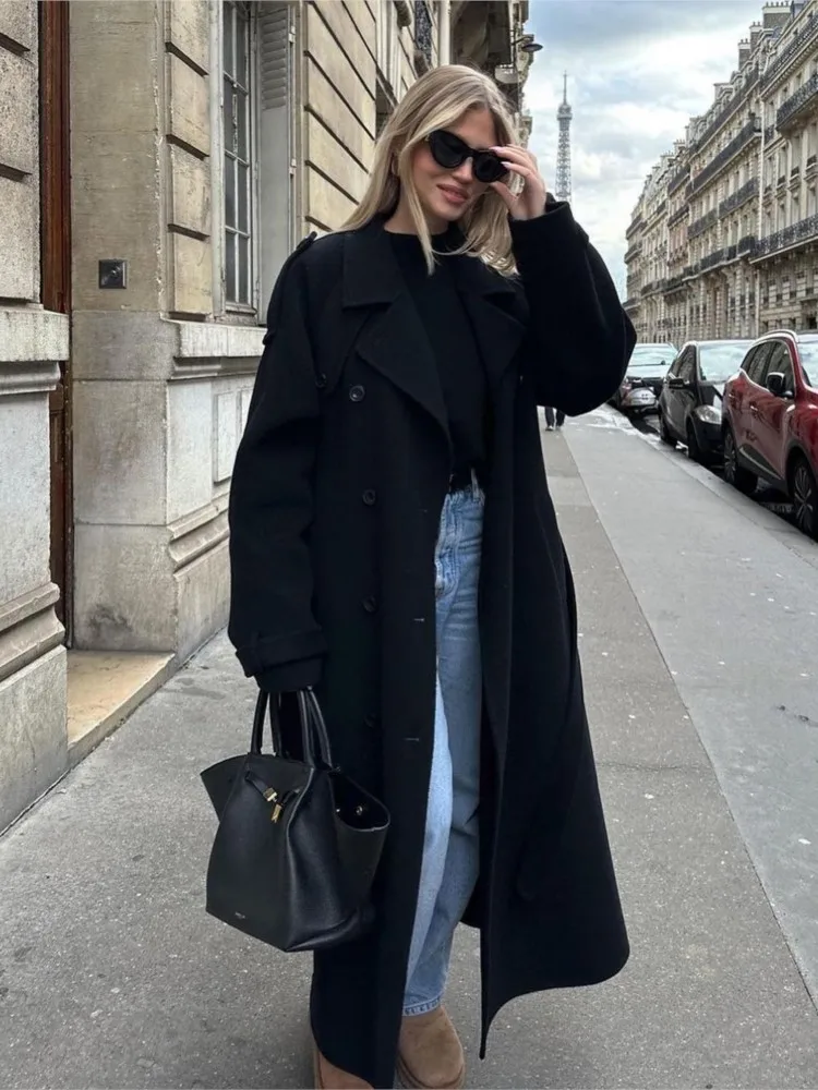 

Suit Collar Long Woolen Coat With Belt Black French Luxury Cloak Wool Coats Women Winter Double-Sided Tweed Overcoat Outwear