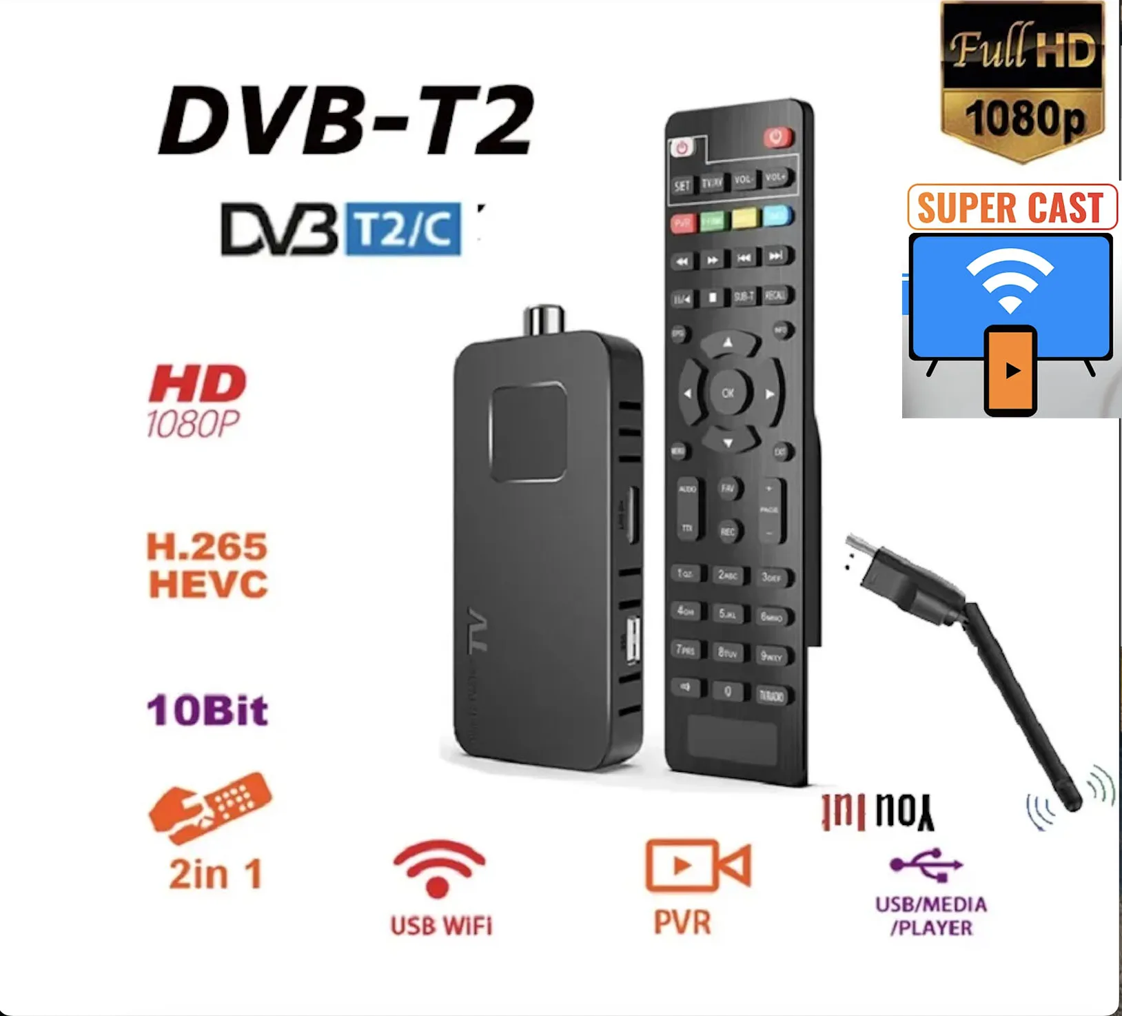 Europe H.265 HEVC DVB-T2 decoder tuner DVB-C PVR DVB-T Digital TV  Support WIFI Y0UTUB super cast for Europe 2in1 remote v7 TT