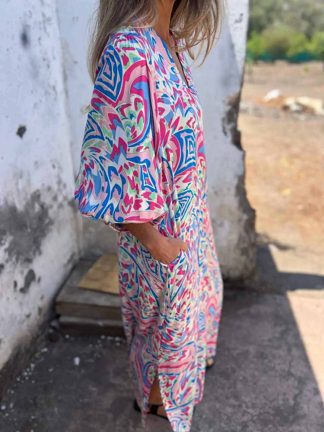 Casual Boho Printed Long Dress For Women Spring Loose V-neck Long Sleeve Pocket A-line Dresses Fashion Lady New Commuting Robe