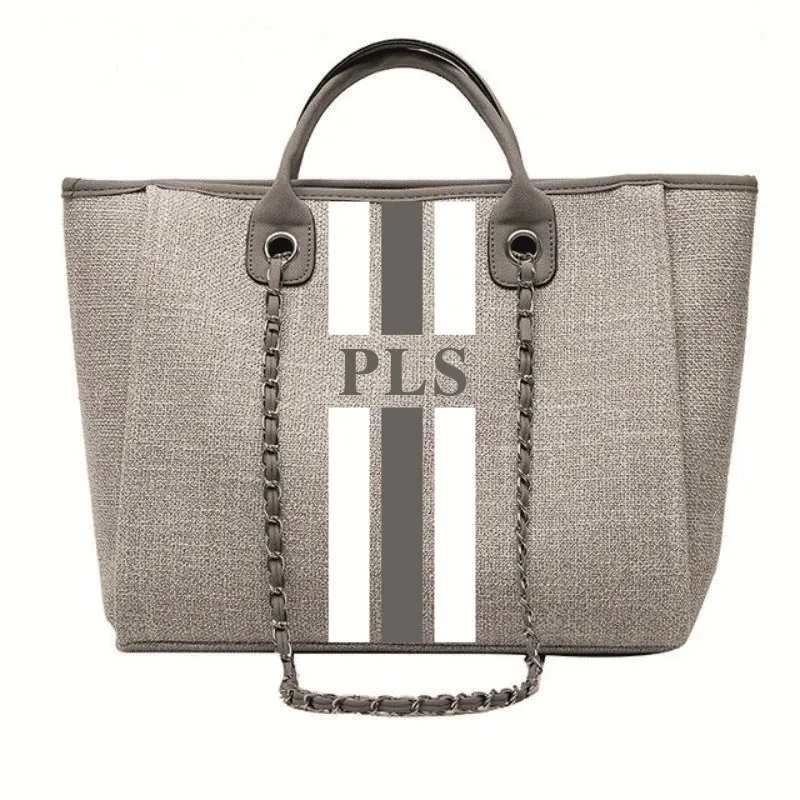 

Monogram Tote Bag Canvas Customised Grey Chain Handbag Personalised White Stripe Initials Beach Holiday Personalized