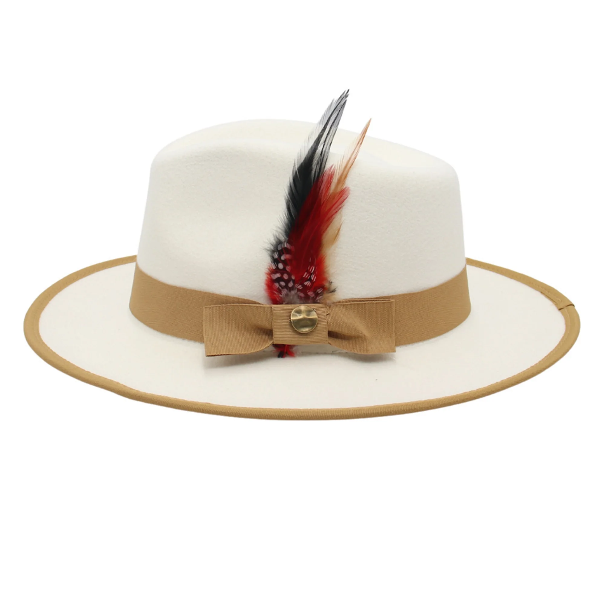 قبعة فيدورا من الصوف الكلاسيكي للنساء والرجال مع شريط ريش عتيق بحافة واسعة وقبعة جاز بنما بتصميم كلاسيكي أنيق #3