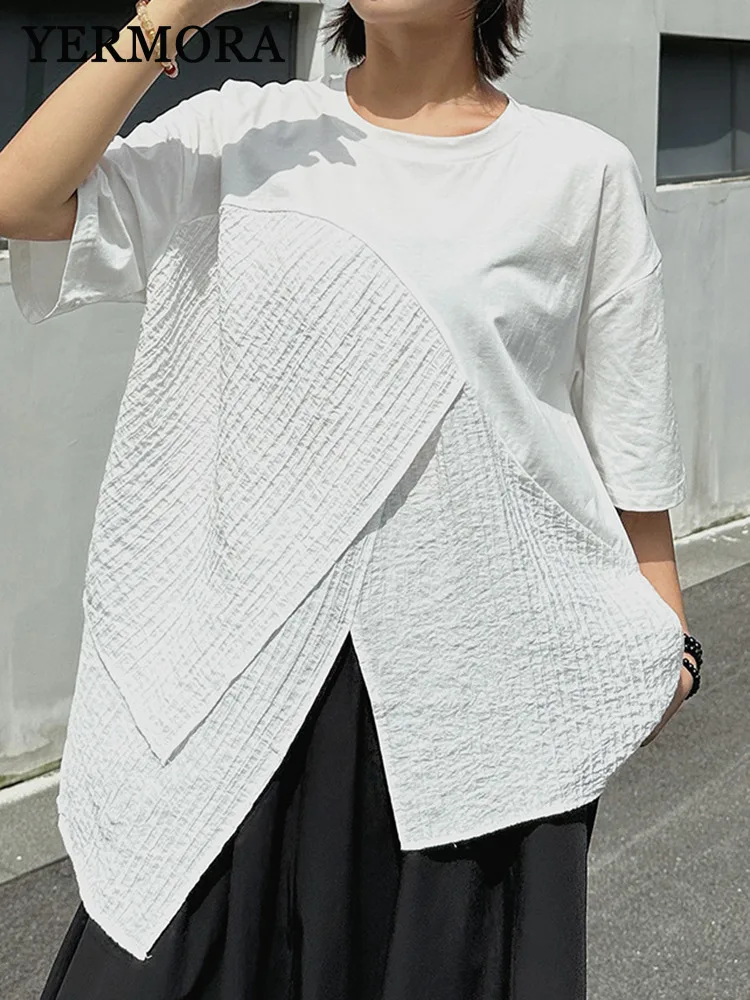 

YERMORA White Irregular Slit Casual T-shirt For Women O-neck Short Sleeve Loose New Tops Fashion Tdie Spring Summer 2025