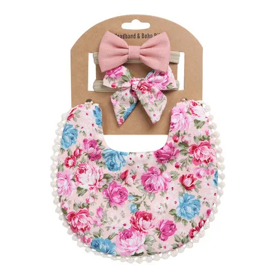 New Spring And Autumn Antifouling Lace Bow Headband Ruffle Towel Set Baby Muslin Bib