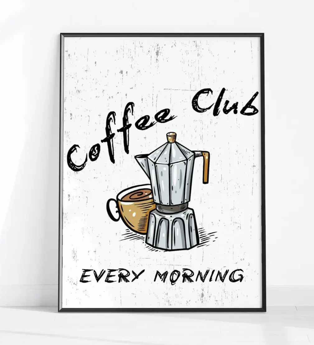 Coffee Club Every Morning Wall Art Canvas Prints, Vintage Moka Pot Coffee Posters, Retro Decor for Kitchen Dining Cafe Decor
