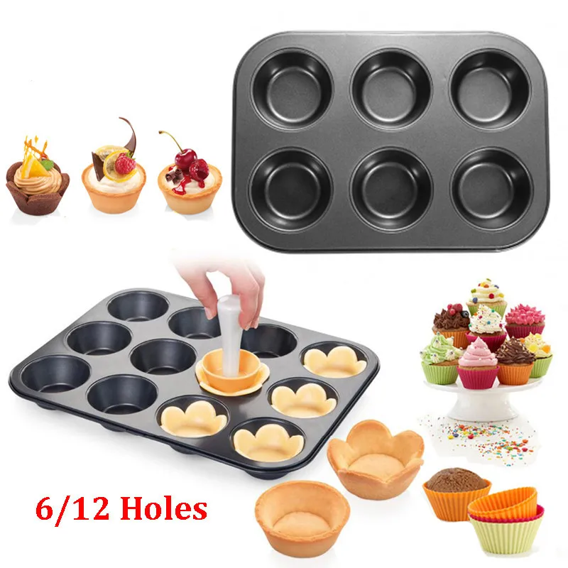 

6/12 Holes Non-stick Round Cupcake Pan Pudding Bakeware Muffin Tray Mold Carbon Steel Baking Biscuit