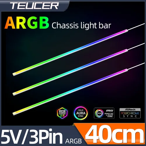 Imagen 1 del producto Barra de luz LED ARGB de 5V y 3 pines, atmósfera colorida, 40cm, 3M, respaldo adhesivo, tira de lámpara Flexible DIY para PC, carcasa de ordenador, chasis