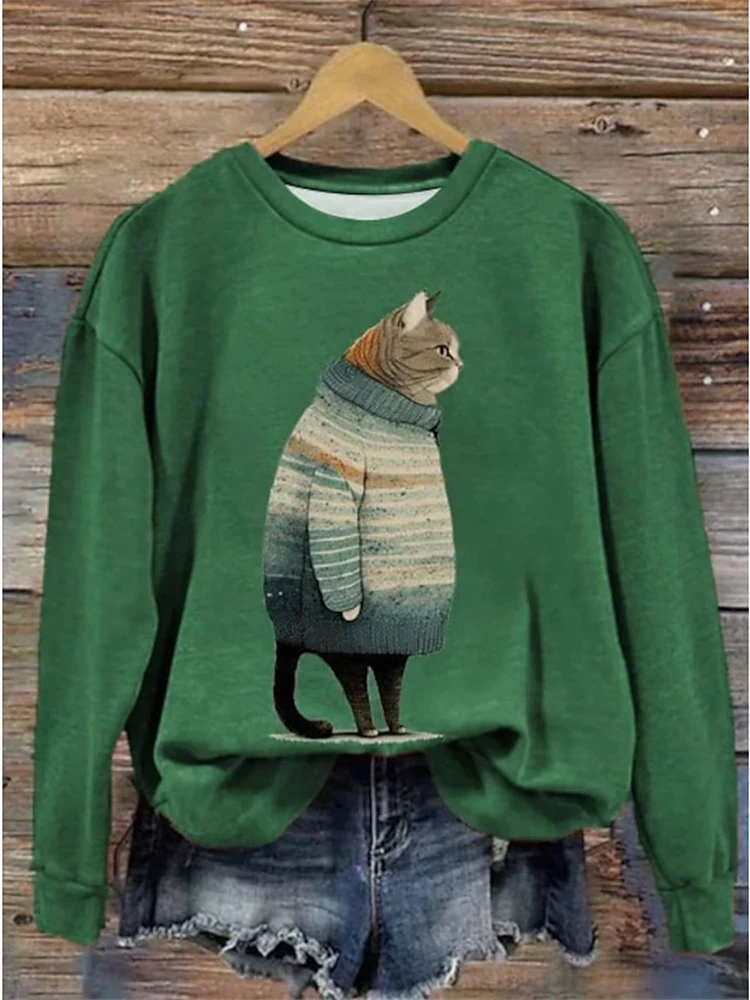 Autumn And Winter Elegant 3d Fat Cat Pet Print T Shirt Pullover New Women's Fashion O Neck Long Sleeve Sweatshirt Women Clothing