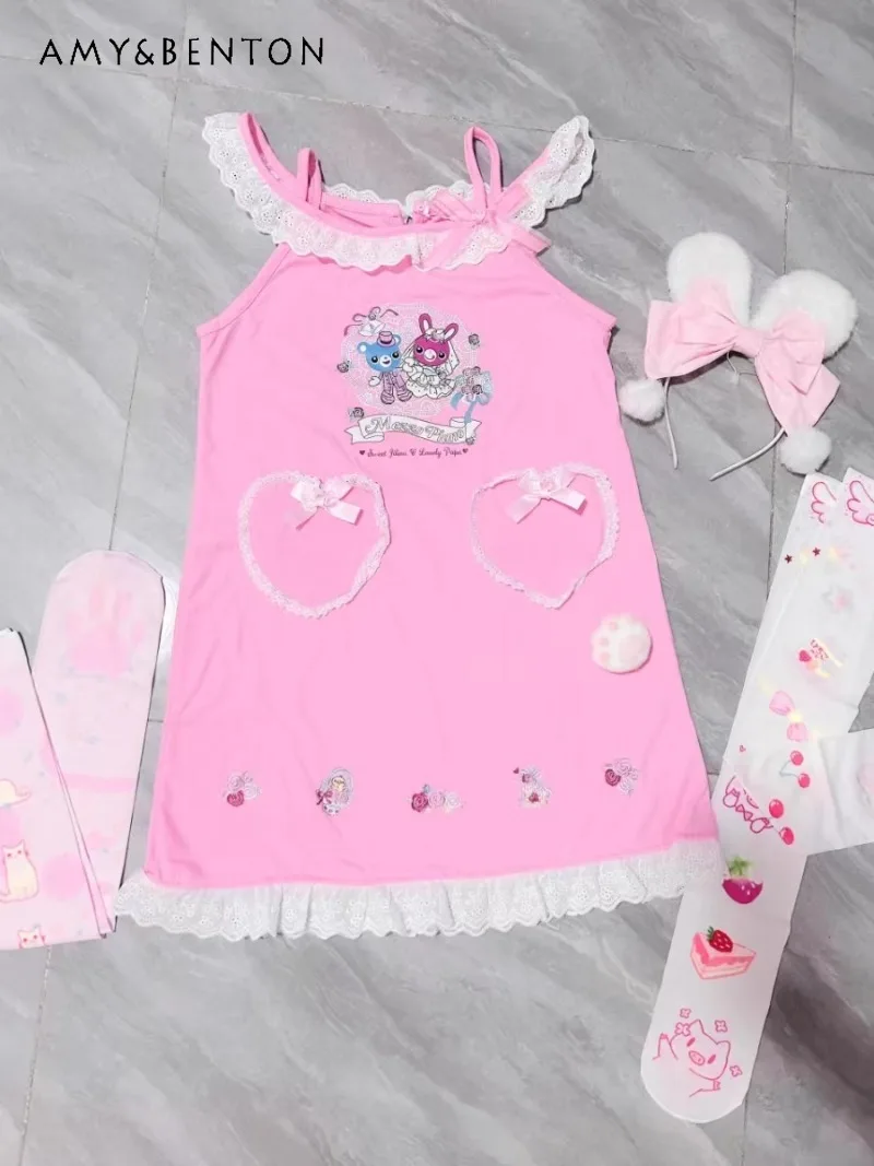 

Japanese Summer Cute Vintage Bow Suspender Cartoon Print Pocket Design Sweet Soft Girl Dress For Women