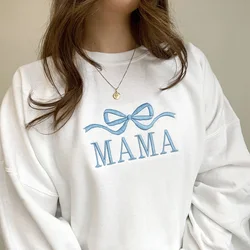 Cute and Trendy Mama Bow Embroidered Gemma Crewneck Sweatshirt Autumn Thick Fleece Warm Pullover Mother's Day Gift Idea