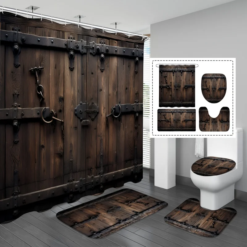 1/4pcs Wooden Door Pattern Set, Waterproof Shower Curtain, Non-Slip Bath Back, U-Shape Mat, Toilet Lid Cover Pad,