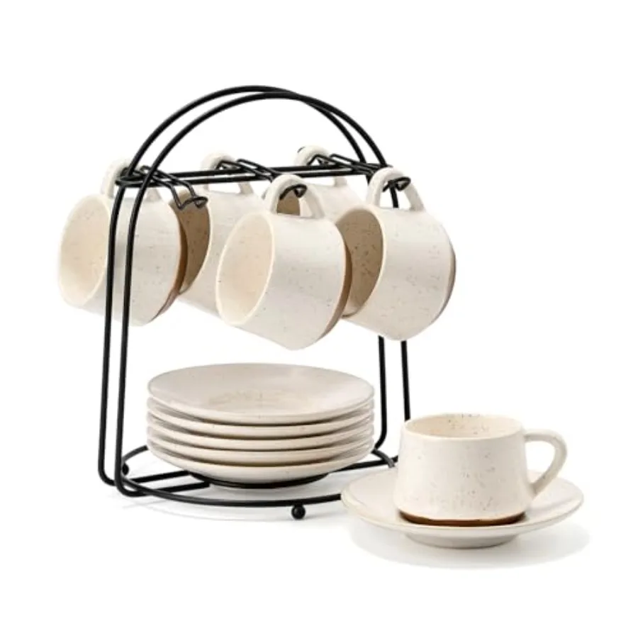 

Stackable Cappuccino Cup Set of 6 [] Ceramic Coffee Cups with Saucers and Cup Holder, Microwave/Dishwasher Safe, Espresso Demit