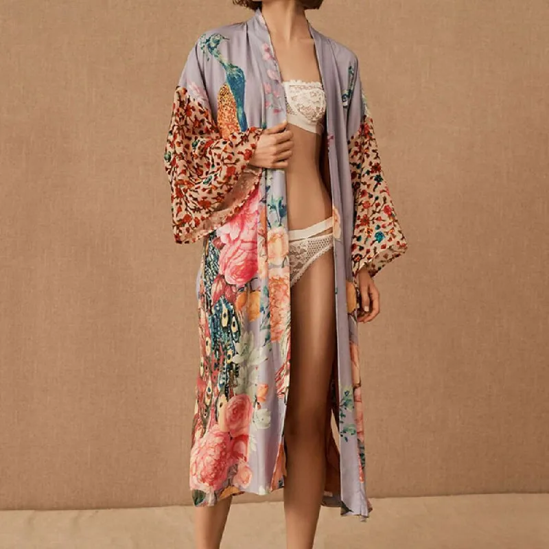 Kimono de praia feminino, Peocock Imprimir Swimsuit Cover Up, Vestidos de envoltório com cinto, Fatos de banho à beira-mar, Blusa Robe