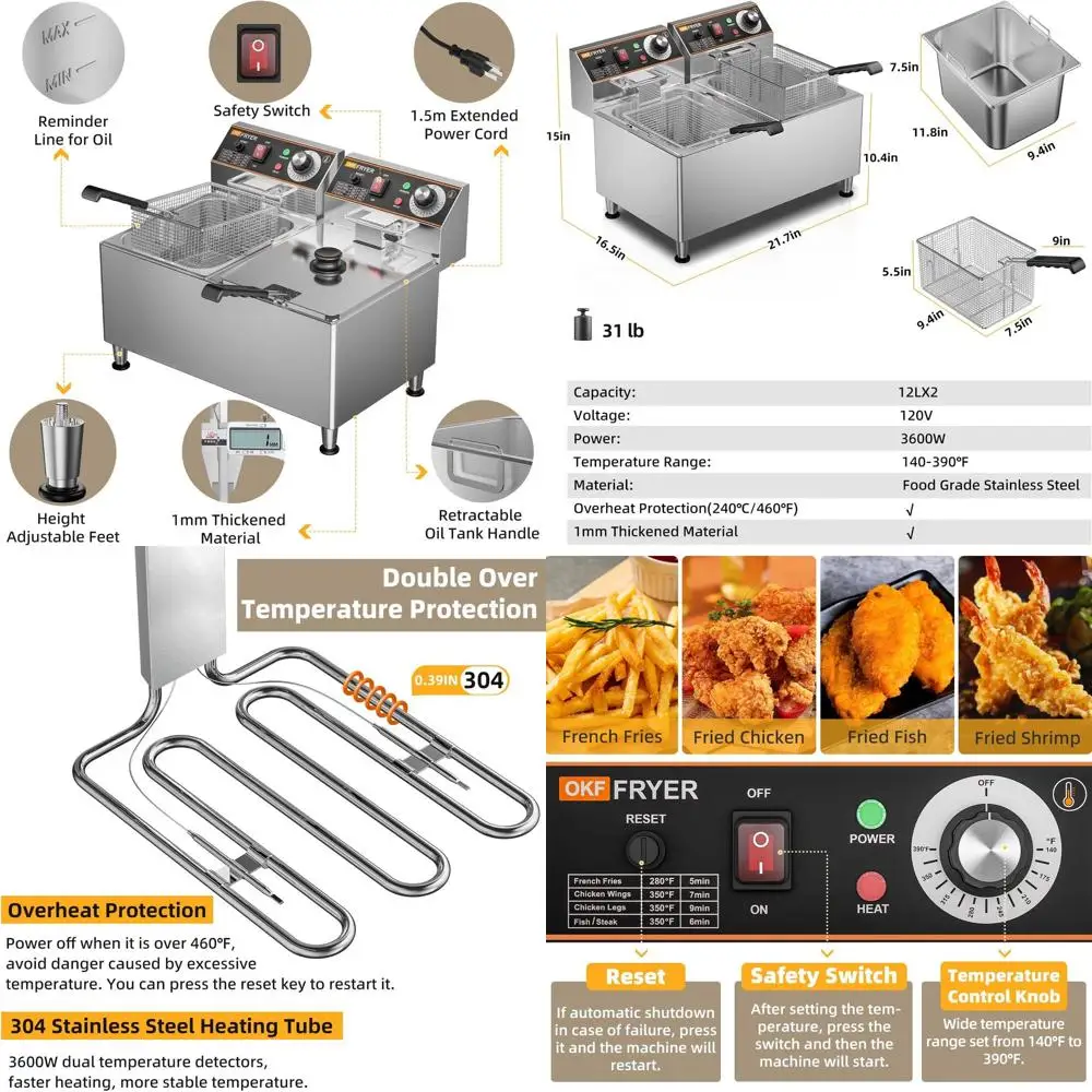 

Коммерческая фритюрница толщиной 24 л, 1 мм, 120 В, 3600 Вт, с 2 корзинами, крышками, защитой от перегрева для домашнего использования