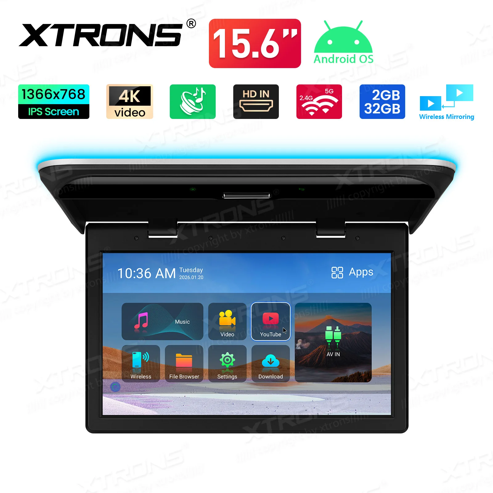 XTRONS 15,6 inch Android 12 Auto Multimedia Speler IPS Scherm Inklapbaar Auto Monitor Video HD Auto Dakmontage Quad Core 2GB+32GB