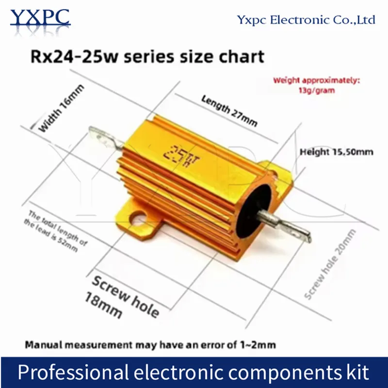 RX24 25W Aluminum Power Metal Shell Case Wirewound Resistor 0.01 ~ 30K 1 2 3 5 6 8 10 20 100 150 200 300 500 1K 10K ohm