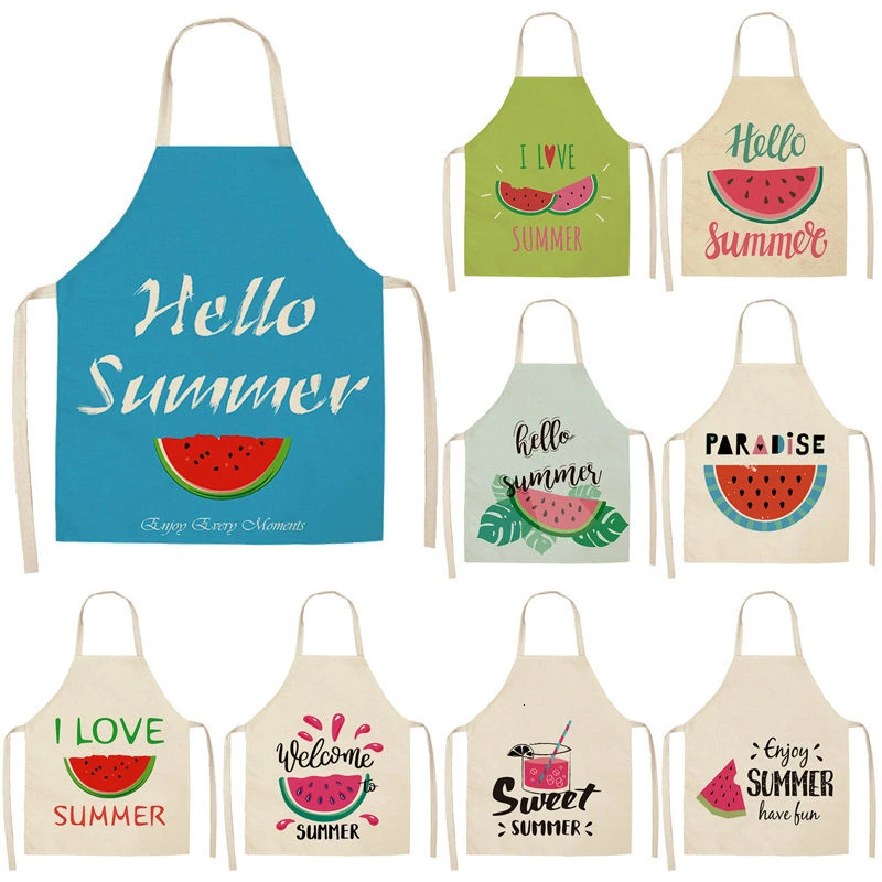 1Pc Watermelon Letter Printed Kitchen Chef Women Aprons 55x68cm Unisex Home Cooking Baking Shop Cotton Linen Cleaning Bibs