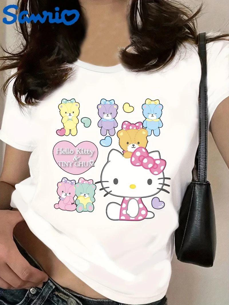 

Cute Round Neck Hello Kitty with Friends Pattern White Pure Cotton Comfortable and Fashionable T-shirt, Suitable for Daily Wear