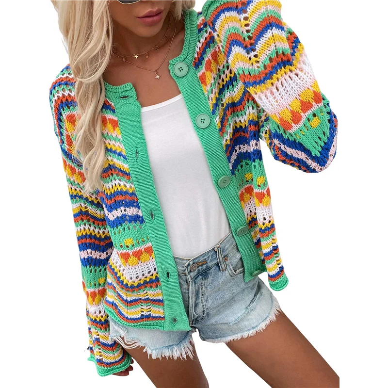

【HAPPYH】Женский разноцветный полосатый вязаный крючком кардиган с круглым вырезом, расклешенными рукавами и пуговицами, свитер Y2K, пальто