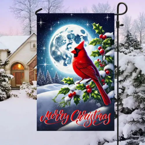 Cardinal Moon Merry Christmas Flag Garden Flag