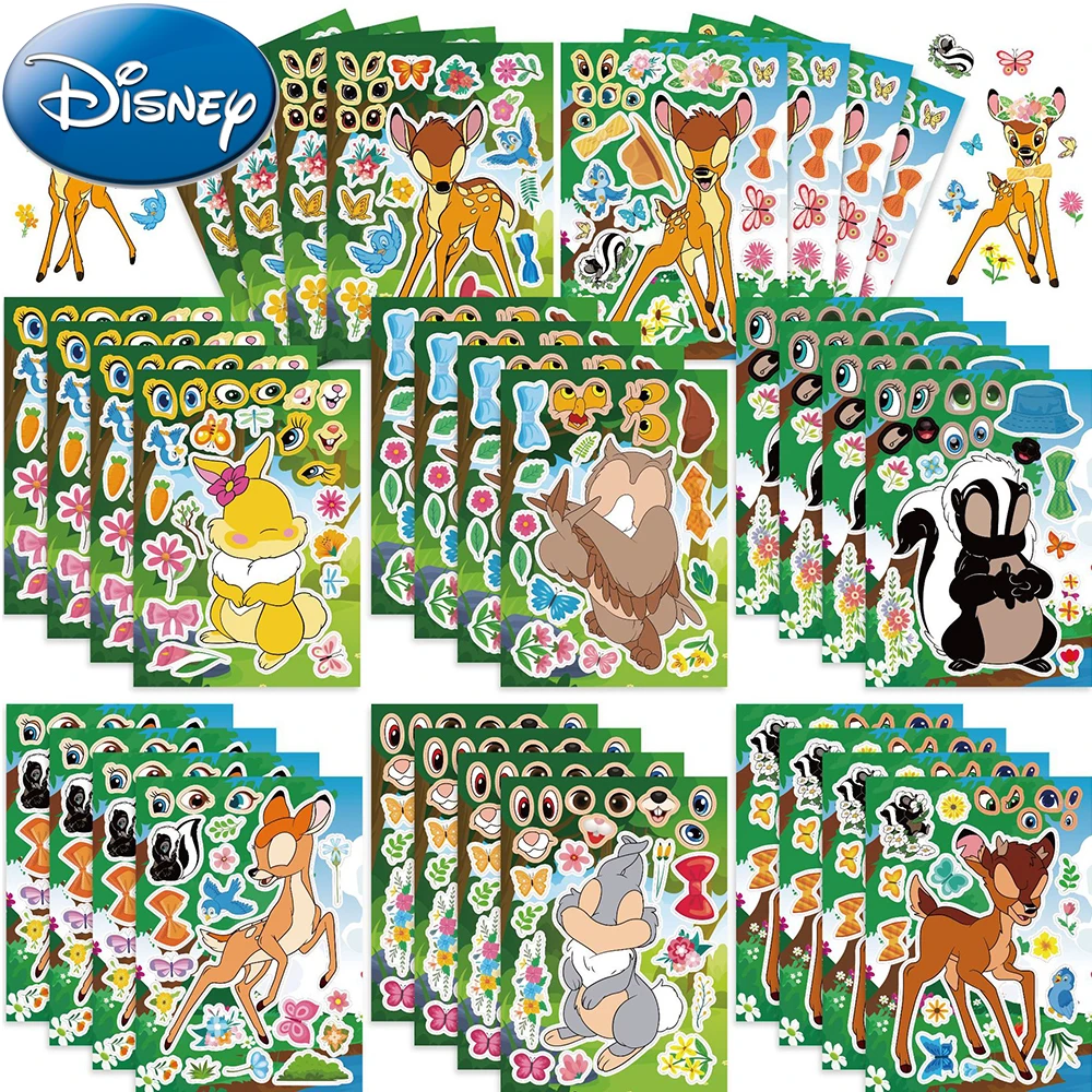 Disney-Bambi Cartoon Puzzle Adesivos para Crianças, Decalques, Engraçados, Fazer um Rosto, Montar, Crianças, Festa de Aniversário, Presente de Brinquedo, 8 Folhas, 16 Folhas