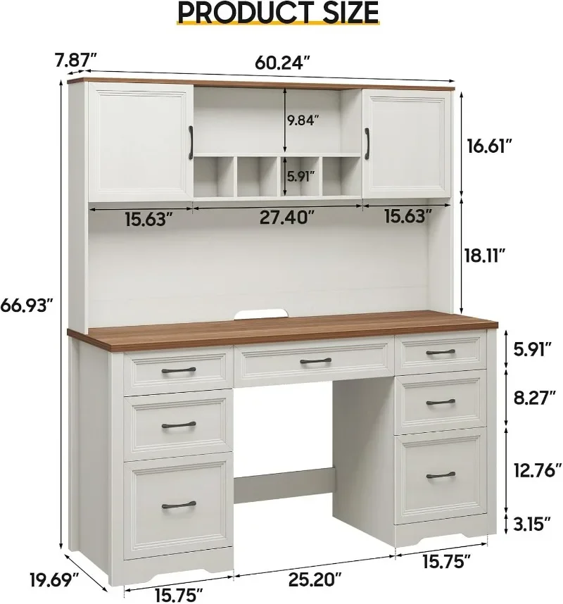 Vabches Farmhouse Executive Desk with Storage Cabinet Rustic Large Home Writing Desk with Hutch, Workstation for Bedroom