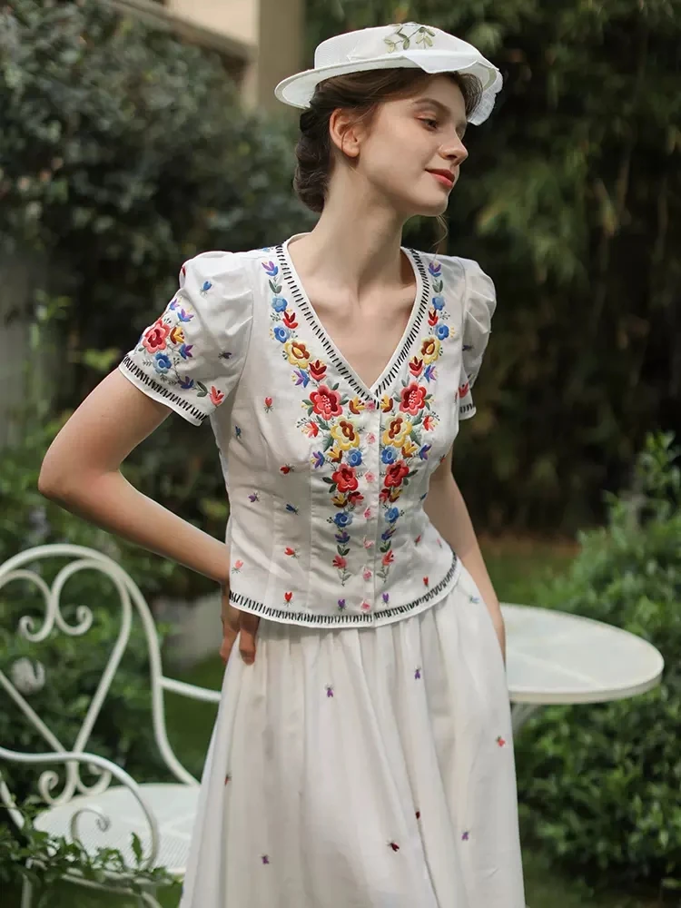 86-96cm Bust Spring Summer 2024 Women Elegant Loose Mori Kei Girl Floral Embroidered Cotton Linen Top and Skirt Sets