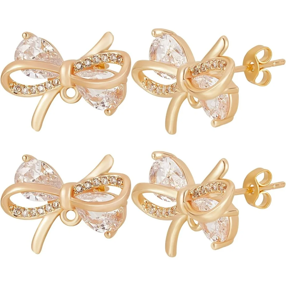 1 Box 10Pcs Bowknot Stud Earring Findings 18K Gold Plated Clear Cubic Zirconia Earring Posts with Loop and Butterfly Earring