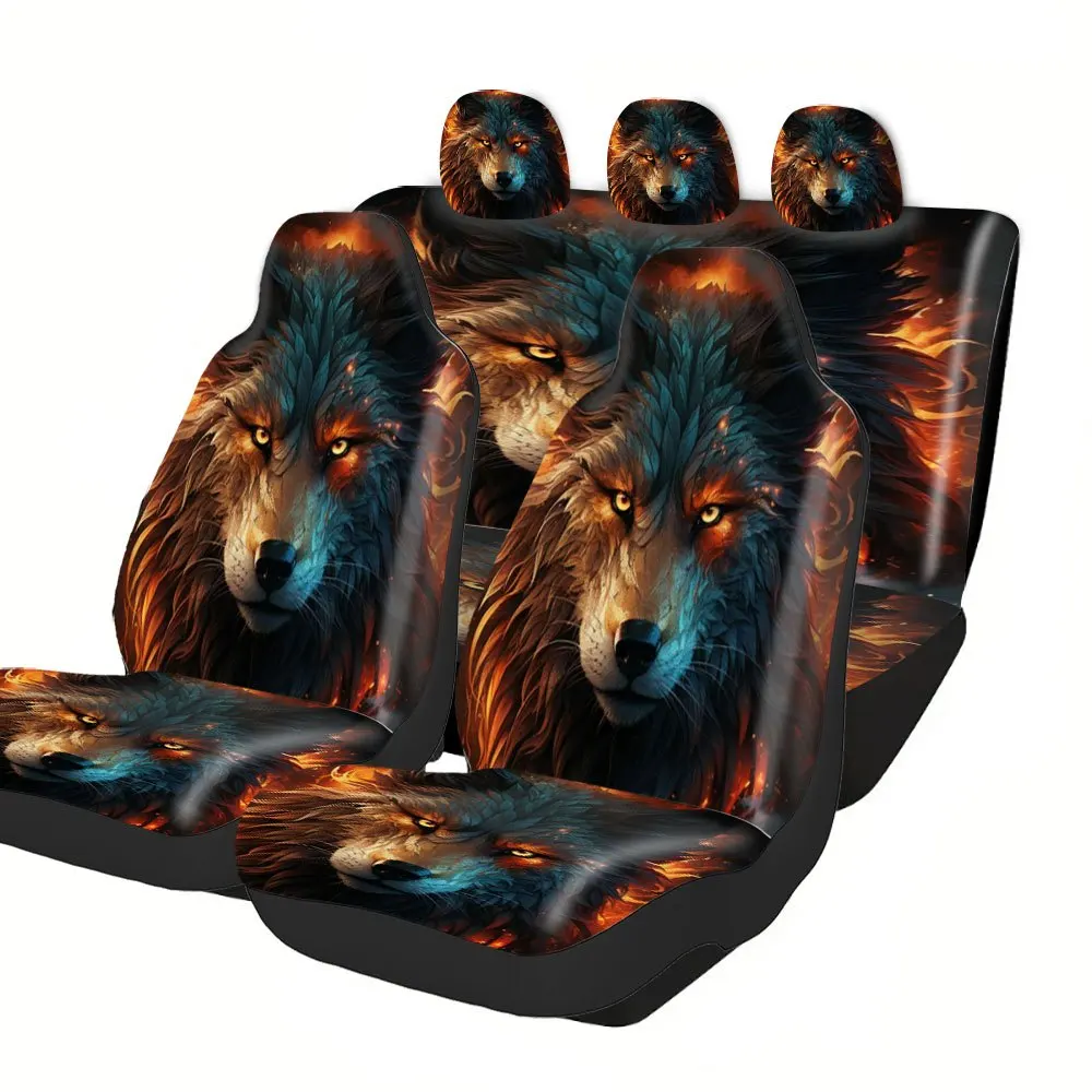 Trendy Print Car Seat Covers Full Set Fit Festival Premium Material Comfortable Breathable Wolf Flames Head Design Interior Up