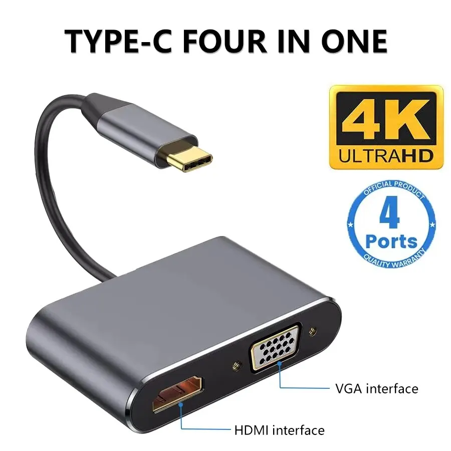 4-in-1 USB C Hub Type C 3.0 Adapter naar 4K HDMI VGA PD Snel opladen Splitter Docking Station Hub voor telefoon MacBook Laptop Computer