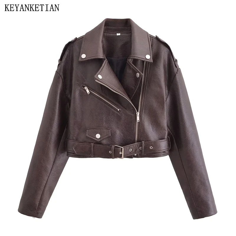 KEYANKETIAN 2024 autunno/inverno nuova giacca in pelle artificiale da donna Street style cerniera asimmetrica giacca corta capispalla Top