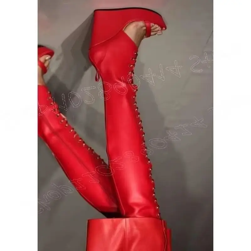 

Red Wedges Heel Cross Tied Sandals Boots Side Zipper Women Shoes Open Toe Fashion Party Banquet Runway 2026 Zapatos Para Mujere