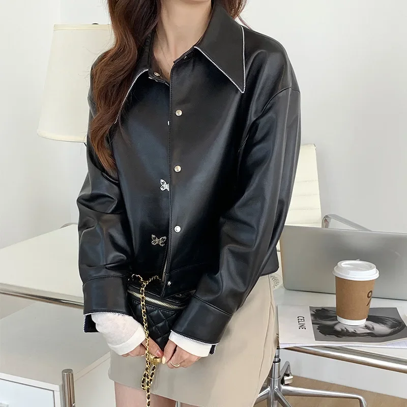 Pure Sheepskin Women's Leather Jacket Short Lapel Leather Clothes for Women Clothing Autumn/spring New Genuine Leather Coat FCY