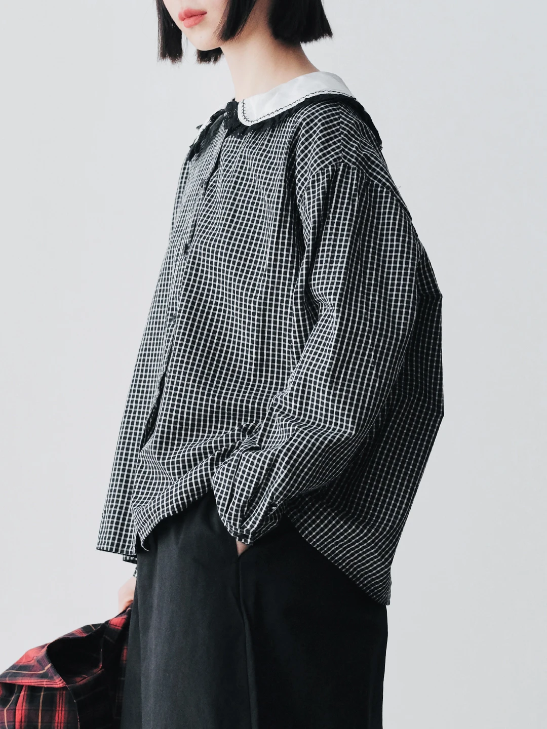 Japanese black and white checkered shirt imakokoni 2024 autumn new fashion contrasting navy collar shirt 244820