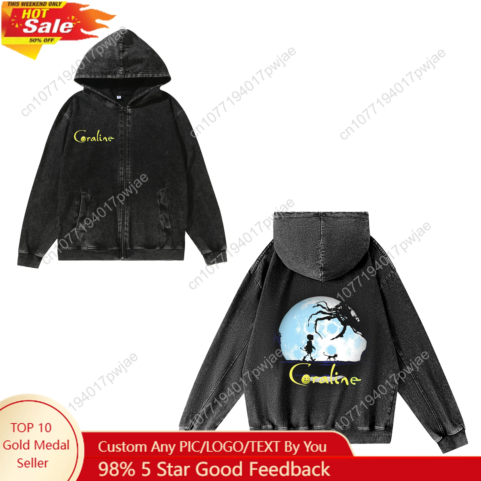 

Coraline cartoon movie Zipper Sweatshirt Man Woman Vintage Hoodies Sweat Shirt With Pocket Full Zip Customized Jacket Tops