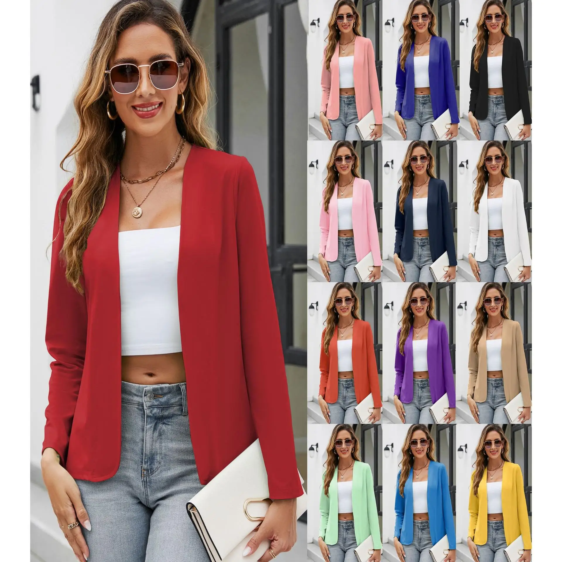 

Collarl Long Cardigan Small Suit Jaet Women's Commute Sle Mid-Length Pure Color Sve Long Regular Fit Coat