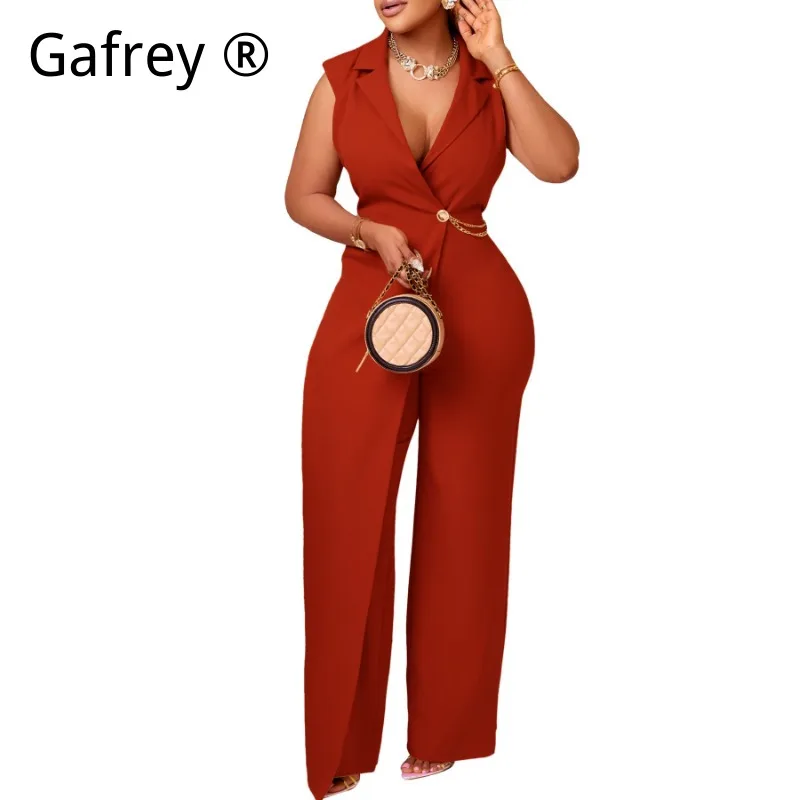 Women's Fashion Wide Leg Jumpsuit 2026 New Lapel Collar Belted Chain Accent Loose Fit Casual Elegant Long Romper Outfits