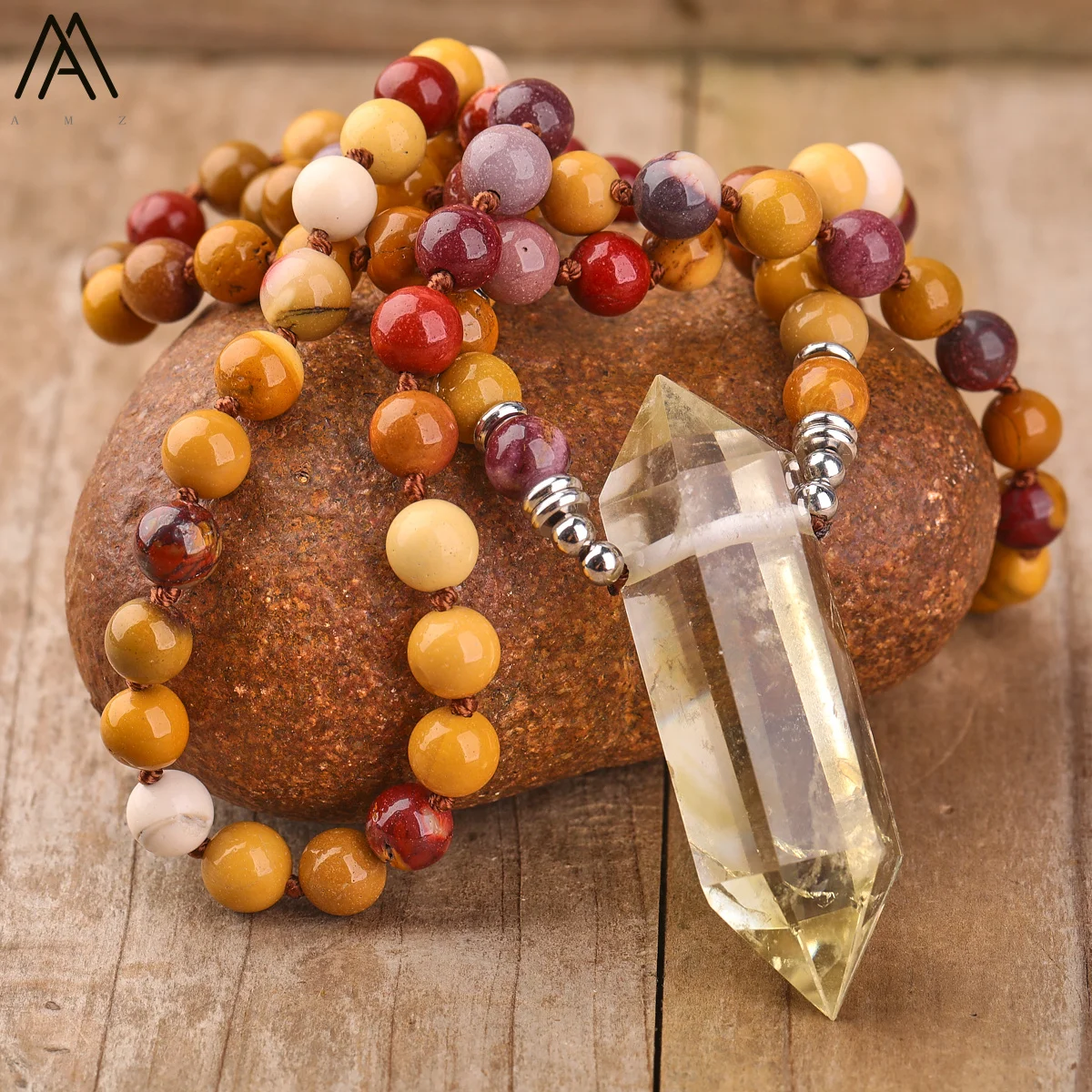 

Natural Citrines Quartz Double Point Pendant Mookaite Jaspers 108 Mala Beads Cord Knotted Handmade Necklace Yoga Meditation Gift