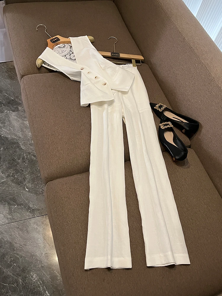 

Новый легкий льняной жилет Advanced Faion с кружевом, широкие брюки, комплект из двух предметов U396, женский ансамбль