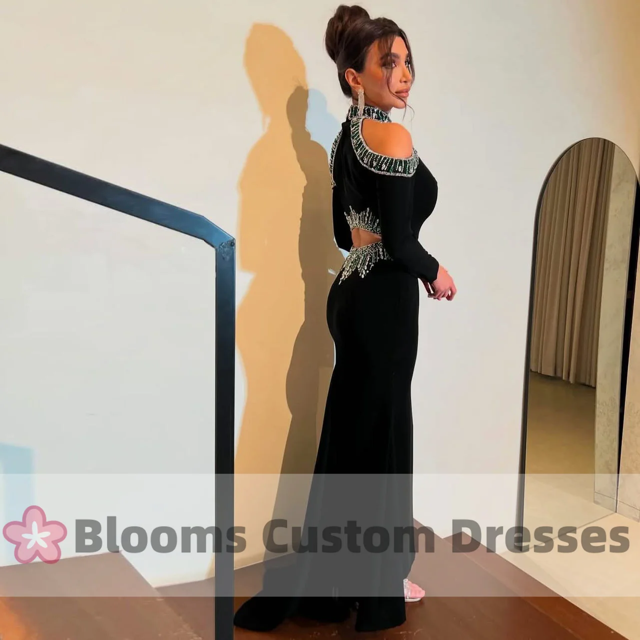 Blooms Customized Cut-out Beaded Evening Dress Black Sexy Prom Dress Long Sleeve Off-Shoulder Arabia Elegant Party Formal Gown