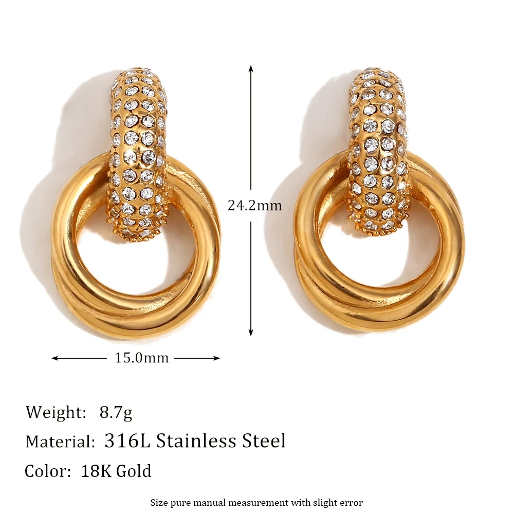 B. Belle Weißer Zirkon-Doppelring-Ohrstecker, einfacher Edelstahl-Schmuck für Frauen und Mädchen, Party, Alltag, wasserdicht – Detail 2