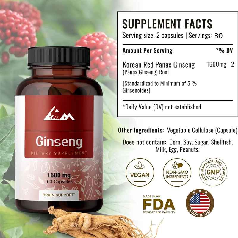 Ginseng Capsules - Used for Immune Support and Energy Supplements - Korean Red Ginseng Extract - Non GMO -1600mg