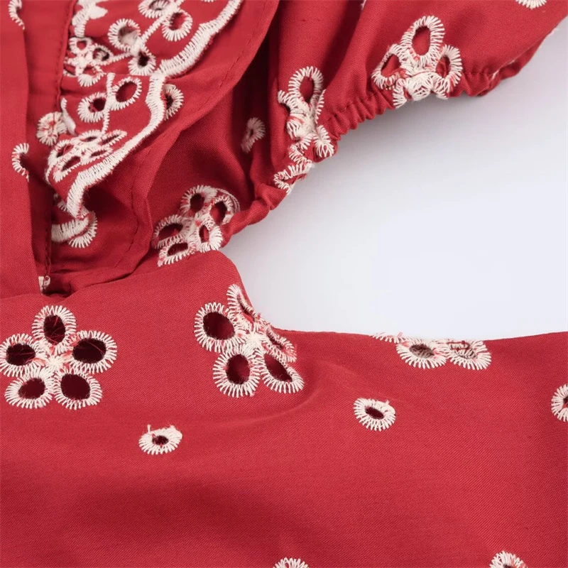 Keyanketian verão novo feriado vento oco para fora bordado expor cintura midi vestido feminino fino puff manga em camadas uma linha vestido