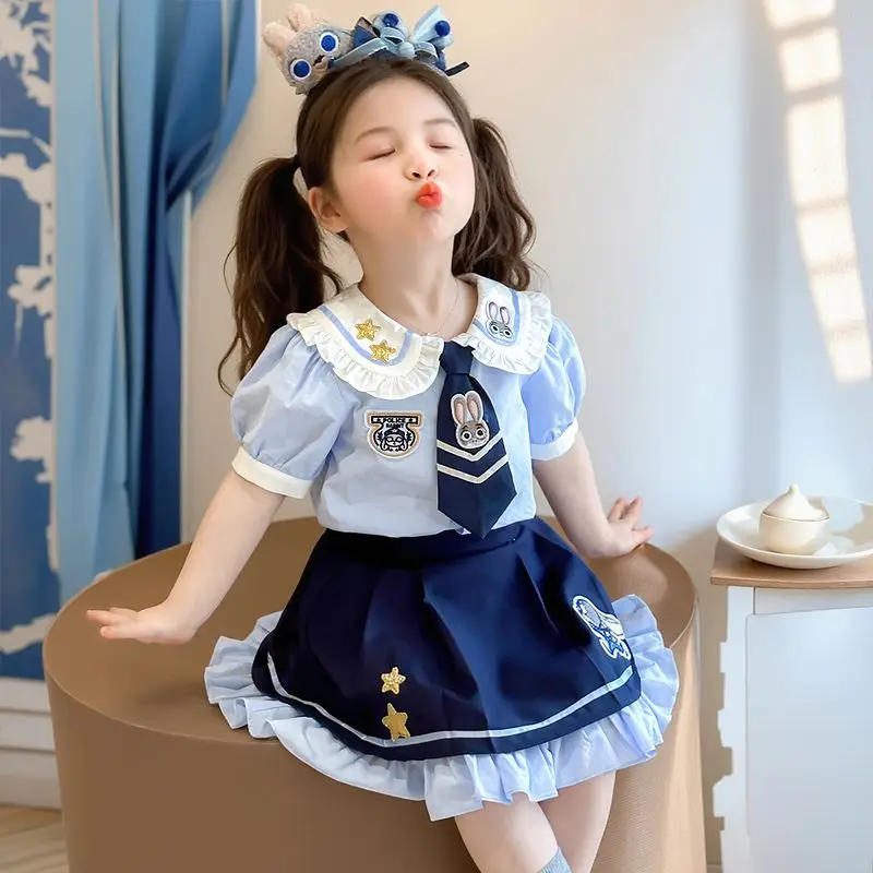 

Комплект из 2 предметов: Детская форма Джуди Хоппс из Зоотопии, рубашка с воротником и плиссированная юбка, милый летний мультяшный костюм для девочек в стиле аниме