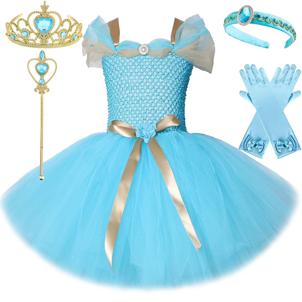 Princess Jasmine Costumes for Girls Magic Lamp Fancy Tutu Dress Kids Christmas Halloween Outfit Birthday Clothes with Hair Bow