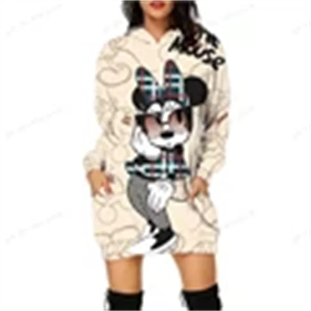 

Disney-Vestido Minnie Mickey Mouse feminino, estampa 3D, capuz casual, desenho solto, vestido kawaii, moda sexy, outono, inverno