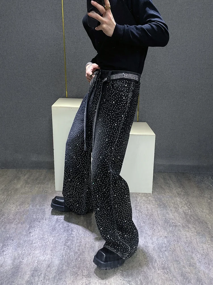 

Heavy Industry Tianxing Rhinestone Waed Wide Leg Jeans Men's Loose Straight Cut Denim Pants Youth Faion Casual Wear