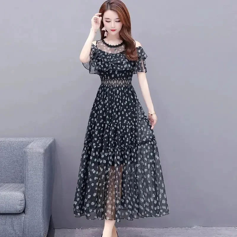 

2024 Summer Short Sleeve Chiffon Dresses Fashion Female Vintage Printed Floral Casual Long Dress Women Maxi Dresses Vestidoes