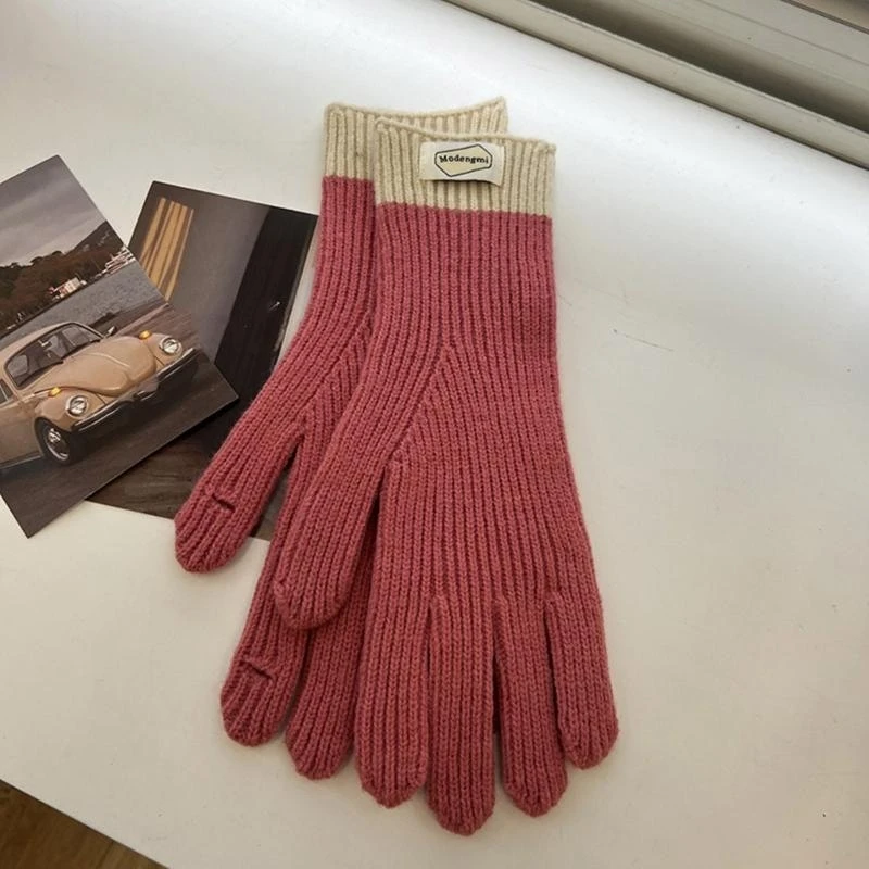 Q5WE Women Winter Warm Knitting Full Finger Gloves with Labelling Colorblock Touchable Screen Outdoor Ski Thermal Mittens