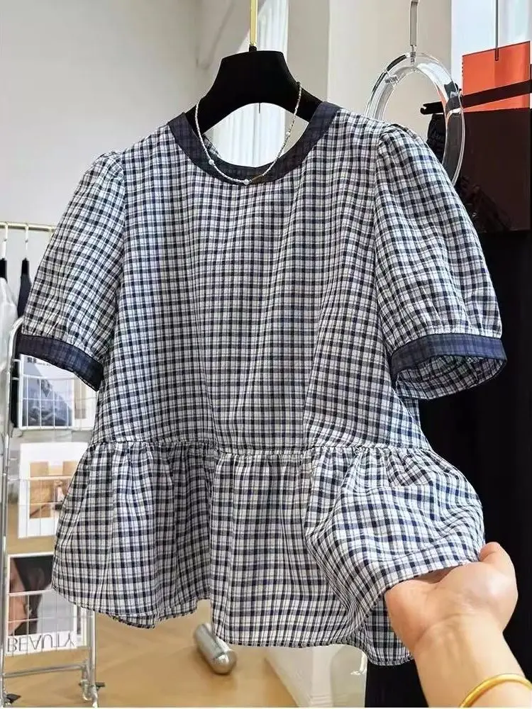 

Корейская стильная молодежная рубашка в клетку с круглым вырезом и коротким рукавом, повседневный топ для мужчин и женщин, большие размеры, модный, дышащий